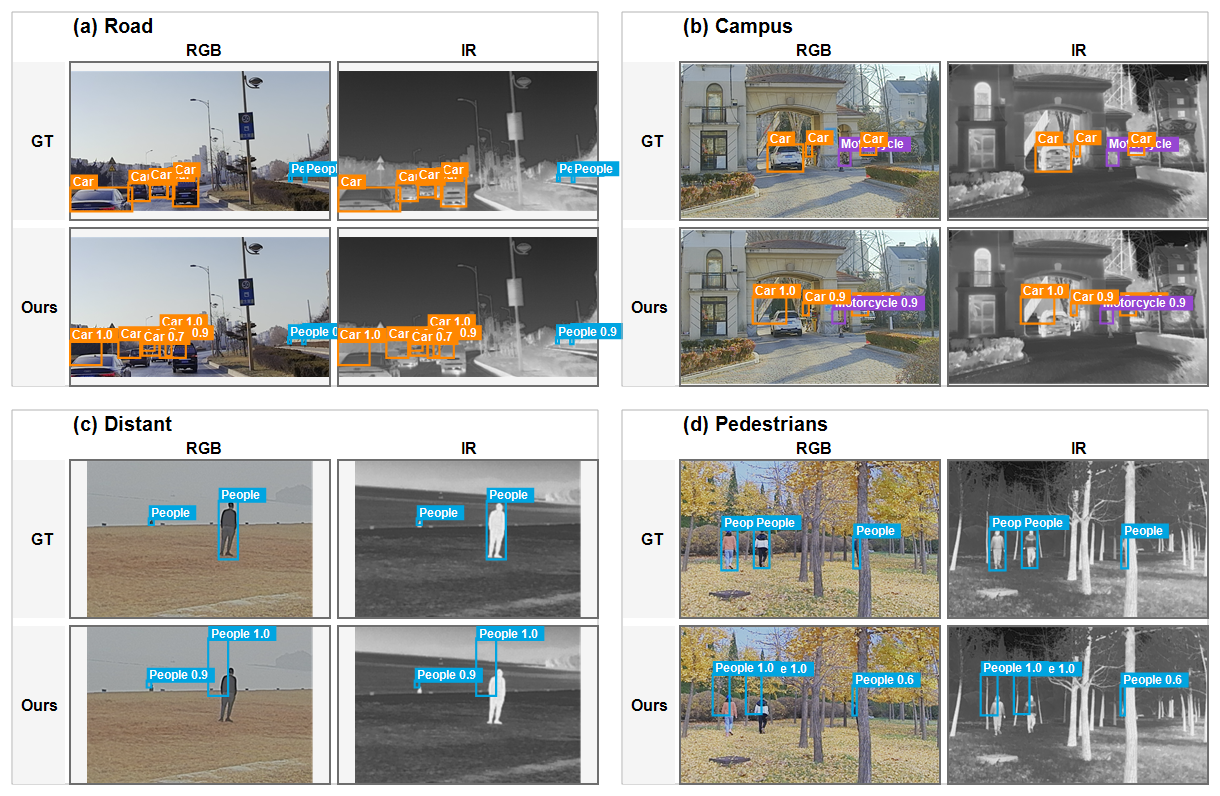 道路、校园、远距离和行人场景的 RGB-IR 标注与模型结果对比